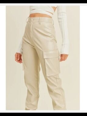 High-Rise Faux Leather Cargo Joggers in Beige